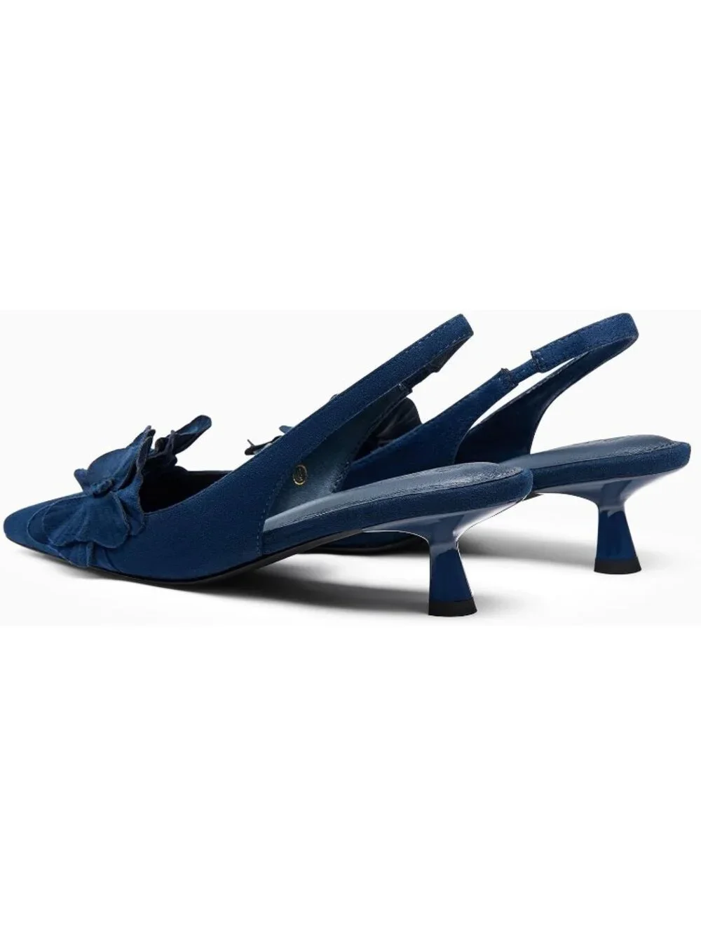 Women's Navy Blue Flower Closed Pointed Toe Slingback Kitten Heels Wedding Pumps